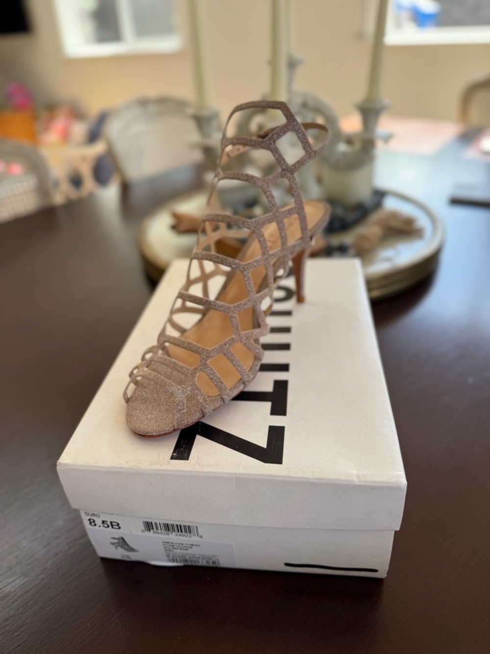 SCHUTZ Glitter Cage Stiletto Sandals in Blush